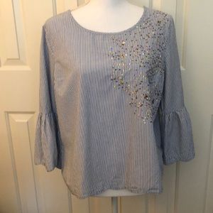 Crown & Ivy scalloped edge blouse with sequins detail on front.
